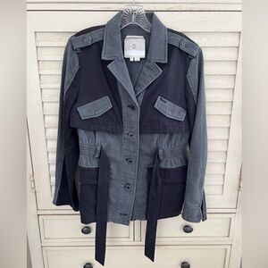 Gray and Black Moto style jean jacket